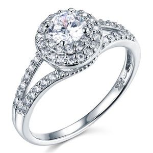 14K White Gold Round-Cut Split Shank Halo Ring